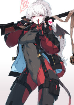 1girl absurdres alternate_costume black_jacket black_wings blue_archive bodysuit braid breasts check_weapon commentary_request covered_groin covered_navel finger_to_mouth gloves grey_bodysuit gun h&amp;k_psg1 hair_between_eyes halo haruna_(blue_archive) heart highres holding holding_gun holding_weapon jacket large_breasts long_hair long_sleeves looking_at_viewer multicolored_bodysuit multicolored_jacket open_clothes open_jacket over_shoulder parted_lips pink_halo ponytail pouch red_eyes red_gloves rifle scope shushing simple_background single_braid smile sniper_rifle solo spoken_heart sunnysideup thigh_pouch thighs two-sided_fabric two-sided_gloves two-sided_jacket two-tone_bodysuit two-tone_jacket very_long_hair weapon weapon_over_shoulder weapon_request white_background white_hair wings