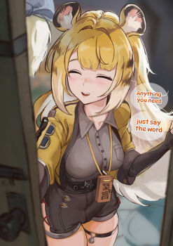 1girl animal_ear_fluff animal_ears black_shorts blonde_hair breasts closed_eyes collared_shirt commentary door doorway english_commentary english_text grey_shirt highres jacket ju_fufu large_breasts leaning_forward long_hair open_mouth paid_reward_available retoposy shirt shorts speech_bubble tail teeth thigh_strap tiger_ears tiger_girl tiger_tail upper_teeth_only yellow_jacket zenless_zone_zero