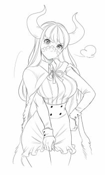 1girl artist_request cape dress horns long_hair mask monochrome one_piece sharp_nails ulti_(one_piece)