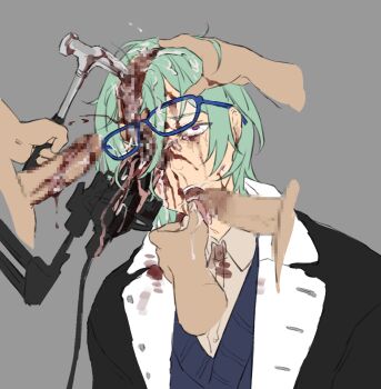 3boys censored corpse cum cum_on_body death disembodied_eye disembodied_hand disembodied_penis empty_eyes ensemble_stars! ero_guro facial gang_rape gangbang glasses green_hair grey_background group_sex guro hammer highres jacket kazehaya_tatsumi male_focus mosaic_censoring multiple_boys necrophilia penis purple_eyes rape ryona simple_background tongue tongue_out vest yaoi