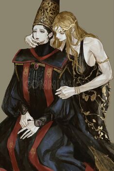 2girls black_robe blonde_hair blue_eyes bracelet circlet commission elden_ring grey_background hat highres jewelry long_hair multiple_bracelets multiple_girls queen_marika_the_eternal red_lips rennala_queen_of_the_full_moon robe sitting standing stole tokaoioi1 watermark wavy_hair wizard_hat