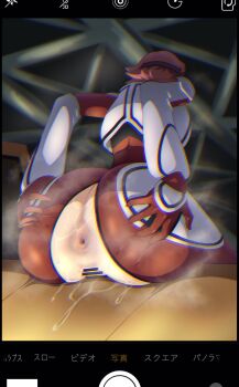 1girl anus ass ass_focus bar_censor bodysuit censored code_geass curvy fake_phone_screenshot fake_screenshot from_behind grabbing_own_ass highres huge_ass indoors iwao178 kouzuki_kallen pussy pussy_juice red_hair spread_anus spread_ass sweat viewfinder wide_hips