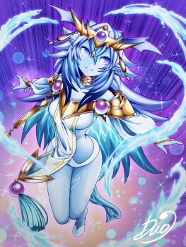 Rule 34 | 1girl, absurdres, blue eyes, blue hair, blue skin, breasts, collar, colored skin, dominus impulse, duel monster, dyuo, floating, full body, grin, highres, medium breasts, pelvic curtain, shoulder pads, smile, solo, tiara, water, yu-gi-oh!