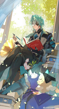 absurdres anaxa_(honkai:_star_rail) aqua_hair book book_stack chinese_commentary chrysos_heirs_(honkai:_star_rail) commentary_request crystal_earrings dromas_(honkai:_star_rail) earrings eyepatch gem hand_tattoo highres holding holding_book honkai:_star_rail honkai_(series) jewelry lamp library one_eye_covered open_book reading red_gem red_tattoo tattoo too_many too_many_books yellow_blood