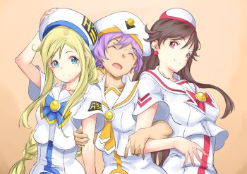 3girls akira_ferrari alicia_florence aqua_eyes aria_(manga) aria_company_uniform arm_up athena_glory beret blonde_hair blue_bow blue_bowtie blue_ribbon bow bowtie braid braided_ponytail breasts brown_hair closed_eyes closed_mouth collarbone dark-skinned_female dark_skin yellow_necktie gold_trim hair_between_eyes hat hat_ribbon highres himeya_company_uniform light_brown_background locked_arms long_hair looking_at_another medium_breasts mono9ron multiple_girls open_mouth orange_planet_uniform purple_hair red_bow red_bowtie red_eyes ribbon sailor_collar short_hair short_sleeves sidelocks smile upper_body very_long_hair