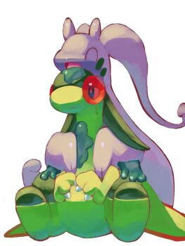 Rule 34 | claws, closed eyes, closed mouth, colored skin, dragon, flygon, gen 3 pokemon, gen 6 pokemon, goodra, green wings, highres, hug, nintendo, no humans, open mouth, p9kfxaofqi54546, pokemon, pokemon (creature), pokemon focus, purple skin, red eyes, simple background, slime (substance), smile, tail, wings