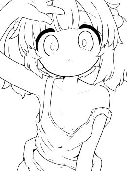 Rule 34 | 1girl, bare shoulders, breasts, cleavage, closed mouth, collarbone, commentary, english commentary, hair bobbles, hair ornament, hand up, highres, kawashiro nitori, looking at viewer, mahorock0409, midriff, monochrome, small breasts, solo, strap slip, tank top, touhou, twintails