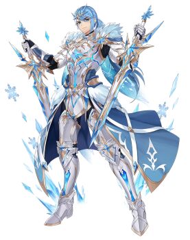 1boy armor armored_boots artist_request blue_cape blue_eyes blue_hair blue_skirt blue_trim boots breastplate cape commentary commentary_request dual_wielding english_commentary floating_clothes fluss_(king&#039;s_raid) full_body fur_trim gauntlets holding holding_sword holding_weapon ice king&#039;s_raid korean_commentary leg_armor long_hair male_focus mixed-language_commentary official_alternate_costume official_art second-party_source shoulder_armor showgirl_skirt skirt snowflakes solo sword weapon white_armor