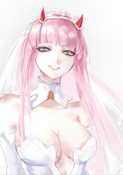 1girl absurdres bare_shoulders breasts bridal_veil chinese_commentary cleavage commentary_request darling_in_the_franxx dress green_eyes heartlessx highres horns large_breasts long_hair looking_at_viewer pink_hair red_horns simple_background smile solo veil very_long_hair wedding_dress white_background white_dress white_veil zero_two_(darling_in_the_franxx)