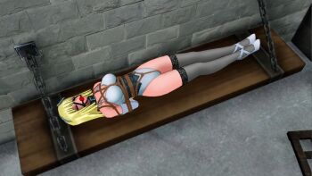 ball_gag bare_shoulders bdsm blonde_hair blue_eyes bondage bound cell cinderella_escape cinderellaescape elbow_gloves gag gagged gloves high_heels leotard lying on_back original prison rope shibari shibari_over_clothes thighhighs