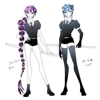 2boys androgynous black_necktie black_thighhighs blue_eyes blue_gemstone blue_hair braid cosplay crossover crystal_hair full_body gem gem_uniform_(houseki_no_kuni) high_collar highres houseki_no_kuni judal long_hair magi_the_labyrinth_of_magic mole mole_under_mouth multiple_boys necktie purple_gemstone purple_hair red_eyes ren_hakuryuu scar shirt short_shorts short_sleeves shorts simple_background smile sword thighhighs weapon white_background xuancheng