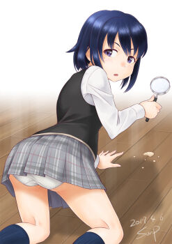 1girl ass black_hair blue_eyes blush female_focus looking_back panties school_girl_strikers school_uniform short_hair skirt solo sumihara_satoka sunsun69 underwear upskirt white_panties