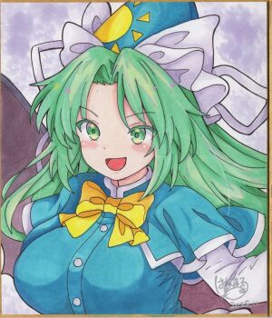 1girl :d blue_capelet blue_hat blue_shirt blush bow bowtie buttons capelet commentary green_eyes green_hair hair_intakes hat highres hoshi_tea_party long_hair mima_(touhou) open_mouth photo_(medium) ribbon shikishi shirt signature smile solo touhou touhou_(pc-98) traditional_media upper_body white_ribbon yellow_bow yellow_bowtie