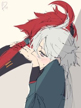 2girls asticassia_school_uniform blush commentary green_jacket grey_eyes gundam gundam_suisei_no_majo jacket long_hair miorine_rembran multiple_girls red_hair school_uniform suletta_mercury surfacedxxc sweat white_hair white_jacket yellow_background yuri