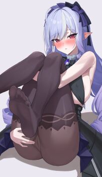 Rule 34 | 1girl, absurdres, blue hair, blush, breast curtains, breasts, brown pantyhose, grey background, highres, large breasts, long hair, looking at viewer, mole, mole under eye, multicolored hair, pantyhose, pointy ears, red eyes, simple background, sink (fukasa259742), soles, solo, streaked hair, toes, vivian banshee, white hair, zenless zone zero