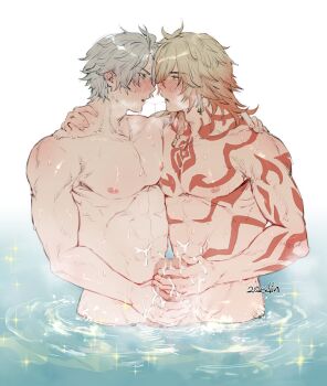 206dih 2boys abs antenna_hair arm_tattoo black_choker blonde_hair blue_eyes blush braid censored chest_tattoo choker commentary cum cum_on_body cum_on_stomach earrings english_commentary frottage gold_earrings gradient_hair hand_on_another&#039;s_shoulder highres honkai:_star_rail honkai_(series) jewelry male_focus medium_hair mosaic_censoring multicolored_hair multiple_boys mutual_masturbation mydei_(honkai:_star_rail) parted_bangs partially_submerged phainon_(honkai:_star_rail) profile red_hair red_tattoo saliva saliva_trail short_hair side_braid tattoo toned toned_male white_hair yaoi yellow_eyes