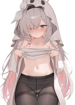 1girl absurdres black_eyes black_pantyhose blue_archive braid breasts closed_mouth clothes_lift collarbone dress dress_lift ghost_costume grey_hair hair_over_one_eye halloween halo highres koba_(kobako42) lifting_own_clothes long_hair looking_at_viewer multicolored_hair navel panties panties_under_pantyhose pantyhose pink_hair plana_(blue_archive) red_halo simple_background single_braid small_breasts solo thigh_gap two-tone_hair underboob underwear white_background white_dress