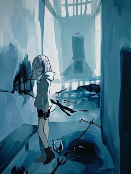 1girl bench black_boots black_shorts blue_eyes boots commentary_request full_body hallway hood hood_down hoodie indoors intravenous_drip looking_at_viewer original shinjitsu_no_kuchi short_hair shorts solo white_hair white_hoodie