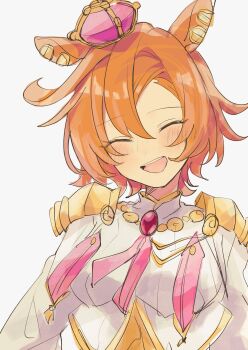 1girl amano_(amano_miko) animal_ears blush chest_jewel closed_eyes crown hair_between_eyes highres horse_ears horse_girl mini_crown official_alternate_costume open_mouth orange_hair shirt short_hair simple_background smile solo t.m._opera_o_(o_sole_suo!)_(umamusume) t.m._opera_o_(umamusume) teeth umamusume upper_body upper_teeth_only white_background white_shirt