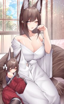 2girls absurdres amagi-chan_(azur_lane) amagi_(azur_lane) animal_ears azur_lane bare_shoulders breasts brown_hair brown_tail cleavage closed_eyes collarbone commentary english_commentary fox_ears fox_girl fox_tail highres indoors japanese_clothes kimono large_breasts long_hair multiple_girls one_eye_closed purple_eyes red_kimono samip sleepy tail white_kimono window
