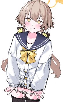 1girl black_border black_pantyhose blue_archive blue_sailor_collar blush border bow brown_hair clothes_pull collarbone cowboy_shot cum cum_in_clothes cum_in_panties dress hair_between_eyes halo hifumi_(blue_archive) highres letterboxed long_hair long_sleeves looking_at_viewer low_twintails panties panty_pull pantyhose pillarboxed pulling_own_clothes rusmaamhi sailor_collar sailor_dress school_uniform simple_background smile solo sweat twintails two-tone_background underwear white_background white_panties yellow_bow yellow_eyes