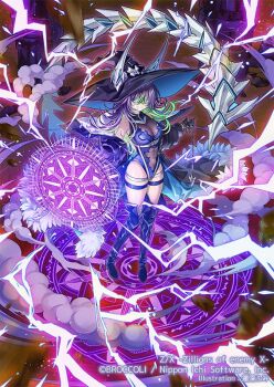 1girl bandages bandages_over_eyes black_boots black_gloves black_hat black_robe blindfold blue_bodysuit blue_hair bodysuit boots breasts chain closed_mouth copyright_notice covered_eyes electricity gloria_(z/x) gloves green_hair hasumi_fumi hat hat_ornament holding holding_chain large_breasts light_particles long_hair magic_circle multicolored_hair official_art open_clothes open_robe robe see-through_cleavage see-through_clothes solo thigh_boots thigh_strap witch_hat z/x