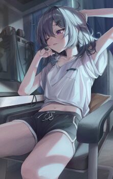 1girl absurdres arm_behind_head arm_up armchair black_hair black_shorts chair commentary_request computer computer_tower curtains dolphin_shorts drawing_tablet drawstring elbow_on_table elbow_rest hair_between_eyes hair_ornament hand_on_own_cheek hand_on_own_face head_rest headphones highres holding holding_stylus indoors korean_commentary light_blush medium_hair navel on_chair one_eye_closed original parted_lips purple_eyes shirt short_shorts short_sleeves shorts sitting solo stylus t-shirt table um_111 unkempt white_shirt