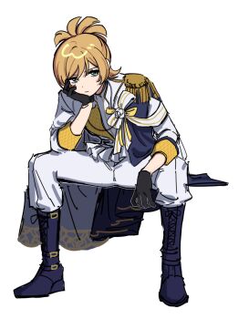 1girl anyaaa66 arm_on_knee black_gloves blonde_hair blue_boots blue_cape boots bow cape closed_mouth commentary daiba_nana elbow_on_knee epaulettes frilled_jacket frills full_body gloves green_eyes hand_on_own_cheek hand_on_own_face head_rest highres invisible_chair jacket lace-up_boots leaning_forward long_sleeves looking_at_viewer official_alternate_costume official_alternate_hairstyle pants pants_tucked_in ponytail short_hair short_ponytail shoujo_kageki_revue_starlight side_cape simple_background single_epaulette sitting solo spread_legs striped_bow white_background white_bow white_jacket white_pants