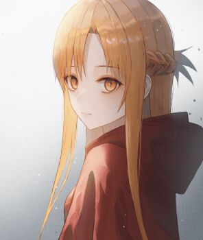 1girl absurdres asuna_(sao) bell_(pixiv12536604) blonde_hair braid brown_eyes cape closed_mouth crown_braid female_focus from_side gradient_background grey_background hair_between_eyes hair_intakes half_up_half_down_braid highres hood hood_down hooded long_hair looking_at_viewer red_cape simple_background solo sword_art_online upper_body white_background