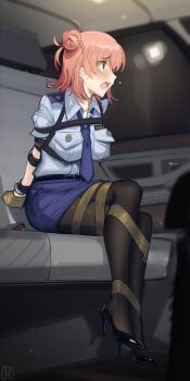 1girl absurdres arms_behind_back bdsm black_pantyhose blue_necktie blue_shirt blush bondage bound bound_ankles bound_arms bound_legs bound_thighs bound_torso bound_wrists breast_bondage breasts cad_(caddo) car car_interior collarbone collared_shirt commentary commission crossed_legs cuffs english_commentary epaulettes hair_bun handcuffs high_heels highres kidnapped kidnapping large_breasts large_variant_set long_hair looking_to_the_side medium_hair miniskirt motor_vehicle necktie open_mouth pantyhose pencil_skirt pink_hair police police_uniform policewoman red_eyes restrained rope screaming second-party_source shibari shibari_over_clothes shirt short_sleeves single_hair_bun sitting skirt solo tape tape_bondage taped_hands teeth upper_teeth_only variant_set yahari_ore_no_seishun_lovecome_wa_machigatteiru. yuigahama_yui