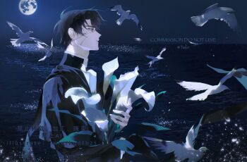 1boy bird black_coat black_eyes black_hair coat dove eyepatch flower flower_request from_side full_moon head_tilt highres holding holding_flower horizon moon omniscient_reader&#039;s_viewpoint open_clothes open_coat scar scar_on_face short_hair sparkle twle upper_body yoo_joonghyuk yoo_joonghyuk_(999th_turn)