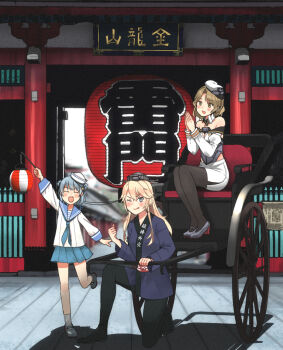 3girls :q alternate_costume annin_musou bad_id bad_pixiv_id black_legwear blonde_hair blue_hair blue_neckwear blue_skirt blush brown_hair closed_eyes clothes_writing dixie_cup_hat hat headgear high_heels highres houston_(kancolle) iowa_(kancolle) japanese_clothes kaminarimon kantai_collection kneeling long_hair military_hat multiple_girls one_eye_closed open_mouth outdoors own_hands_together pantyhose pleated_skirt rickshaw sailor_collar samuel_b._roberts_(kancolle) school_uniform serafuku short_hair sitting skirt socks standing tokyo_(city) tongue tongue_out white_headwear