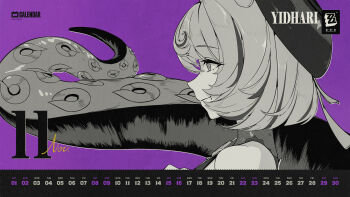 1girl artist_request bare_shoulders beret calendar_(medium) commentary curly_hair english_commentary english_text from_side greyscale hat highres mole mole_under_mouth monochrome monster_girl official_art purple_background scylla short_hair solo tentacle_girl tentacles upper_body yidhari_murphy zenless_zone_zero