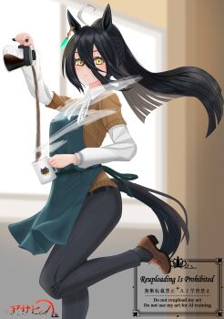 1girl absurdres ahoge animal_ears animal_print apron barista belt black_belt black_hair black_pants cat_print closed_mouth coffee_mug coffee_pot collared_shirt cup ear_tag earrings green_apron hair_between_eyes high_ponytail highres horse_ears horse_girl horse_tail jewelry layered_sleeves leg_up long_bangs long_hair long_hair_between_eyes long_sleeves looking_at_viewer manhattan_cafe_(umamusume) mug neck_ribbon orange_sweater pants ponytail qs_tu9 ribbon shirt short-sleeved_sweater short_over_long_sleeves short_sleeves single_earring smile solo speech_bubble standing standing_on_one_leg steam sweater tail umamusume very_long_hair watermark white_hair white_ribbon white_shirt wind yellow_eyes