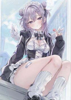 1girl angel_wings bandaid black_boots black_dress boots breasts candy dress expression_request food foot_out_of_frame grey_hair hand_up highres lollipop looking_at_viewer maid_headdress maruro medium_breasts original purple_eyes sitting socks solo white_dress white_socks white_wings wings