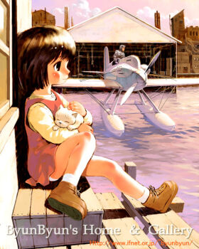 1boy 1girl against_wall aircraft airplane animal artist_name aviator_cap aviator_goggles bad_id black_eyes black_hair brown_shoes building cat city closed_mouth cloud commentary dawn dress floatplane goggles goggles_on_headwear hangar holding holding_animal holding_cat loli ocean original outdoors panties petting pinafore_dress pink_dress port propeller seaplane shoes short_dress short_hair sitting sky sleeveless sleeveless_dress smile smokestack socks tsuzuki_kazuhiko underwear watermark web_address white_cat white_panties white_socks window