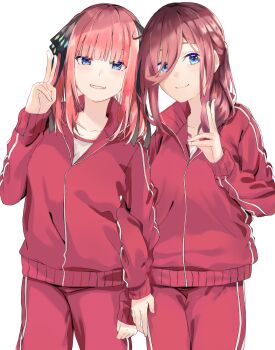2girls black_ribbon blue_eyes blunt_bangs brown_hair butterfly_hair_ornament closed_mouth collarbone commentary go-toubun_no_hanayome hair_between_eyes hair_ornament hair_ribbon hand_on_own_thigh highres jacket light_smile locked_arms long_sleeves looking_at_viewer medium_hair multiple_girls nakano_miku nakano_nino pants parted_lips pink_hair red_jacket red_pants red_track_suit ribbon shirt siblings simple_background sisters smile striped_clothes striped_jacket striped_pants susukida_(sususabu0710) track_jacket track_suit twins v vertical-striped_clothes vertical-striped_jacket vertical-striped_pants white_shirt