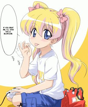 bag blonde_hair blue_eyes blush controller english_text fellatio_gesture flat_chest game_controller hair_ribbon hard-translated loli pani_poni_dash! playing_games rebecca_miyamoto ribbon sexually_suggestive shirt shorts t-shirt text_focus third-party_edit tongue tongue_out translated twintails video_game xbox360 youkan