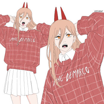 1girl absurdres blonde_hair chainsaw_man collared_shirt cross-shaped_pupils demon_girl demon_horns hair_between_eyes highres horns long_hair multiple_views open_mouth plaid_clothes plaid_sweater power_(chainsaw_man) red_horns red_sweater sharp_teeth shirt simple_background skirt sweater symbol-shaped_pupils teeth tongue tongue_out virtuware white_background white_skirt yellow_eyes