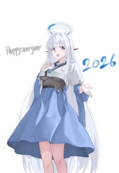 1girl 2026 absurdres blue_archive breasts commentary crop_top crop_top_overhang english_commentary hair_ornament hair_stick halo hanbok happy_new_year highres koh_ya_kim korean_clothes long_hair mechanical_halo new_year noa_(blue_archive) purple_eyes solo underboob white_background white_hair white_halo
