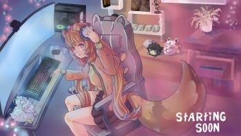 1girl alternate_costume animal_ears breasts brown_hair brown_skirt chair character_doll character_figure commentary commission computer computer_keyboard computer_mouse copyright_request cowboy_shot doll english_commentary figure filo_(filolial_form)_(tate_no_yuusha_no_nariagari) filo_(tate_no_yuusha_no_nariagari) fox_mask gaming_chair hand_up headphones heart highres indoors iwatani_naofumi jacket light_smile long_hair looking_at_viewer mask medium_breasts monitor orange_jacket plant pleated_skirt potted_plant raccoon_ears raccoon_girl raccoon_tail red_eyes rgb_lights se1ested shirt sitting skirt swivel_chair tail tate_no_yuusha_no_nariagari yellow_shirt