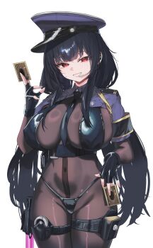 absurdres belt between_breasts bikini black_belt black_bikini black_hair black_necktie blue_hat bodystocking breasts brown_bodystocking card collared_shrug commentary_request covered_navel cowboy_shot fingerless_gloves fingernails gloves hand_up hat highleg highleg_bikini highres holding holding_card huge_breasts korean_commentary krabking light_blush long_fingernails long_hair looking_at_viewer necktie necktie_between_breasts original police police_hat police_uniform policewoman red_eyes short_sleeves shrug_(clothing) simple_background smile swimsuit white_background