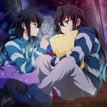 2boys agatsuma_zenitsu alternate_costume aqua_eyes aqua_hair aqua_hoodie black_hair black_shirt blue_hoodie blue_socks brothers closed_mouth commentary_request gradient_hair grey_pants hair_between_eyes hana_ni_nare hashibira_inosuke highres hood hoodie kamado_tanjirou kimetsu_no_yaiba long_hair long_sleeves male_focus multicolored_hair multiple_boys pants pillow shirt siblings smile socks striped_clothes striped_hoodie tokitou_muichirou tokitou_yuichirou twins two-tone_hair