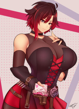 1girl absurdres alternate_breast_size_(larger) alternate_costume artist_name bare_shoulders black_choker black_hair breasts chocolate choker cleavage collarbone corset fingerless_gloves gloves gradient_hair grey_eyes highres huge_breasts looking_at_viewer multicolored_hair nachocobana red_hair ruby_rose rwby short_hair skirt solo