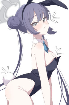 1girl absurdres animal_ears bare_arms bare_legs bare_shoulders blue_archive blue_eyes blush breasts closed_mouth fake_animal_ears fake_tail grey_halo halo highres kanimiso30601 kisaki_(blue_archive) looking_at_viewer necktie purple_hair rabbit rabbit_ears rabbit_tail small_breasts tail