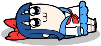 1girl :3 bkub blue_eyes blue_hair blue_sailor_collar blue_skirt blunt_bangs bow brown_shoes chibi chibi_only closed_mouth commentary_request full_body hair_bow long_hair long_sleeves lying neckerchief official_art on_back pipimi poptepipic red_bow red_neckerchief sailor_collar school_uniform serafuku shirt shoes sidelocks simple_background skirt socks solo white_background white_shirt white_socks