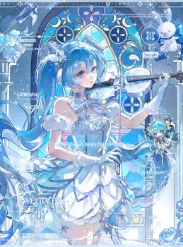 1girl absurdres ahoge blue_eyes blue_hair bow bowtie chinese_commentary commentary_request commission cowboy_shot dress earmuffs fur-trimmed_gloves fur_arm_cuffs fur_trim gloves gramophone_miku gramophone_miku_(frostflower) hair_between_eyes hair_ornament hatsune_miku highres holding holding_instrument holding_violin instrument linqiao long_hair looking_to_the_side miku_symphony_(vocaloid) number_tattoo playing_violin second-party_source see-through_clothes see-through_dress_layer silver_choker sleeveless sleeveless_dress solo strapless strapless_dress symphony_miku tattoo thigh_strap twintails very_long_hair violin vocaloid white_bow white_bowtie white_dress white_gloves