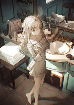 1girl absurdres barefoot bathroom bottle collarbone commentary_request dress full_body hair_brush highres holding holding_hair_brush indoors long_hair long_sleeves messy_hair mirror original sink soap_bottle solo standing sweatdrop tamitami towel twirling_hair white_dress white_hair yellow_eyes