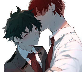 Rule 34 | 2boys, ;), blurry, blush, boku no hero academia, burn scar, collared shirt, commentary request, covered mouth, depth of field, freckles, from side, green eyes, green hair, grey jacket, hair between eyes, happy, highres, jacket, kissing head, lapels, looking at another, looking up, makuro, male focus, midoriya izuku, multicolored hair, multiple boys, necktie, no jacket, notched lapels, one eye closed, partial commentary, profile, red hair, red necktie, scar, scar on arm, scar on face, school uniform, shirt, short hair, sidelighting, simple background, smile, todoroki shoto, two-tone hair, u.a. school uniform, upper body, white background, white hair, white shirt, wing collar, yaoi
