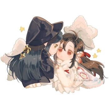 2boys ahoge alternate_costume alternate_universe amana_raika antennae arthropod_boy black_cape black_hair black_hat blush brown_hair cape chibi chibi_only closed_mouth cloud couple fur-trimmed_robe fur_trim hair_down hair_ribbon half_updo hat holding_hands insect_wings lan_wangji long_hair long_sleeves looking_at_another male_focus modao_zushi moth_antennae moth_boy moth_wings multiple_boys official_alternate_hairstyle red_eyes red_ribbon ribbon robe sidelocks simple_background smile star_(symbol) wei_wuxian wei_wuxian_(yiling_laozu) white_background white_robe wings wizard wizard_hat yaoi yellow_eyes